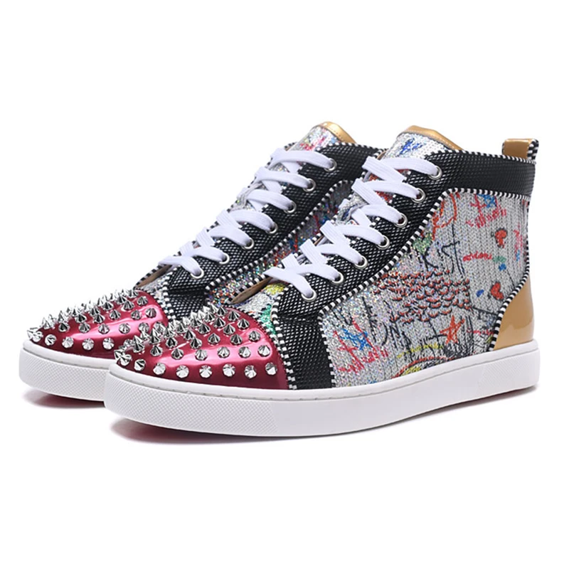 

Top Quality Mixed Color Mens Sneakers Shiny Sequined Cloth Ruvets Studed Loafers Comfortable Lace Up Gladiator Party Dress Shoes