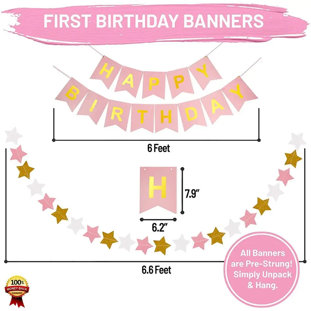 Decoraciones del primer cumpleaños de la niña del 1 er cumpleaños decoraciones oro rosa suministros fiesta feliz Primer Cumpleaños Banner