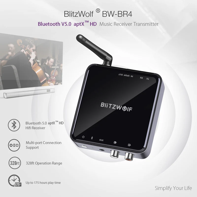 BlitzWolf bluetooth V5.0 3,5 мм Aux беспроводной приемник передатчик адаптер Музыка Аудио для ТВ смартфон ПК компьютер колонки автомобиля