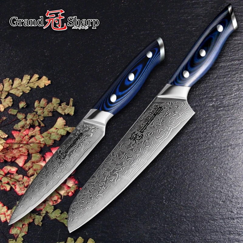  Damascus Knife Set 2 pcs Damascus Japanese Stainless Steel VG10 Santoku Utility Knives Cooking Kitc - 32815969269