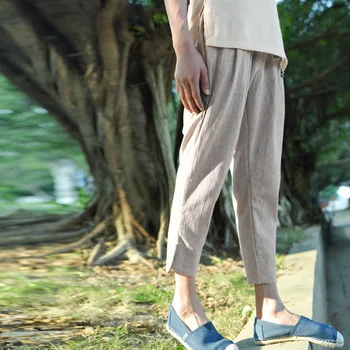 

PADEGAO men's linen harem pants pure color Cotton Linen cross-Pants Jogger Calf Length Trousers loose elastic waist Linen pants