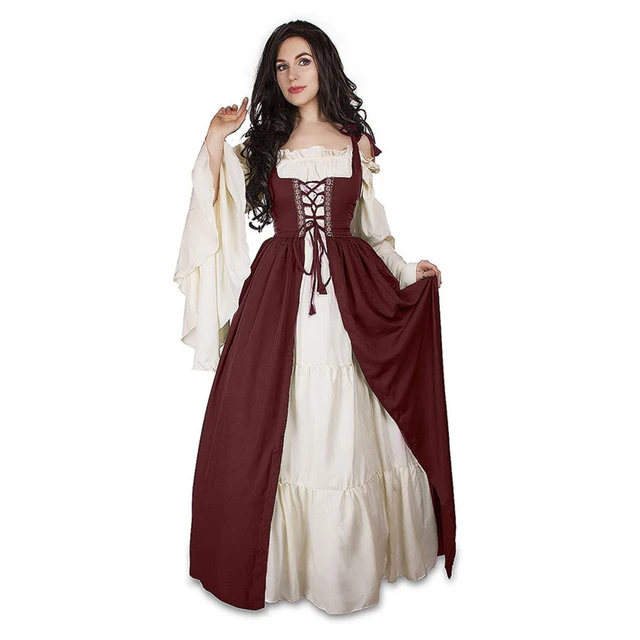 Vestido Medieval Mujer Con Cordones De Manga Larga Largo Largo Vestido  Medieval Disfraz De Halloween De Alta Calidad