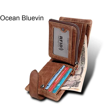 

OCEAN BLUEVIN New Wallet Men Leather Genuine New Coin Purse Zipper&Hasp Men Wallets Small Perse Solid RFID Double zipper wallet