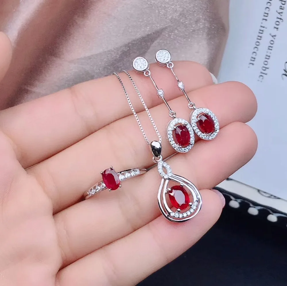 KJJEAXCMY boutique jewelry 925 sterling silver inlaid natural ruby female ring pendant necklace earrings set support review new