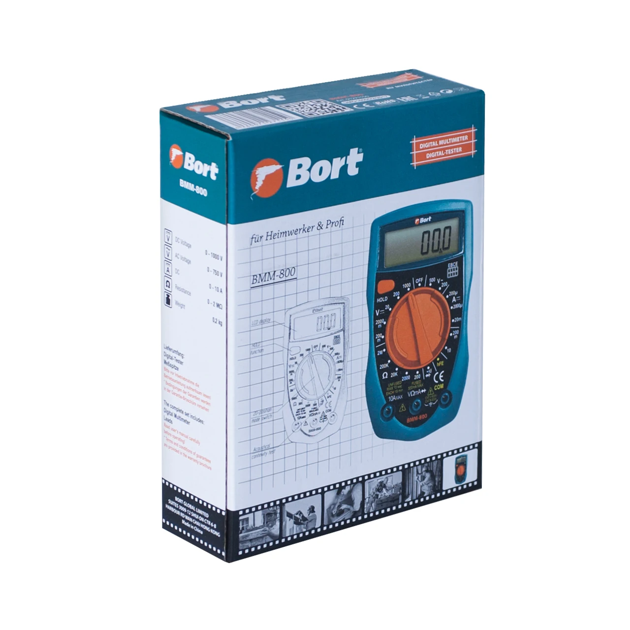 Мультитестер Bort BMM-800 (измерение постоянного, переменного тока, сопротивления, компактный корпус с выдвижной подставкой, щупы батарея в комплекте)
