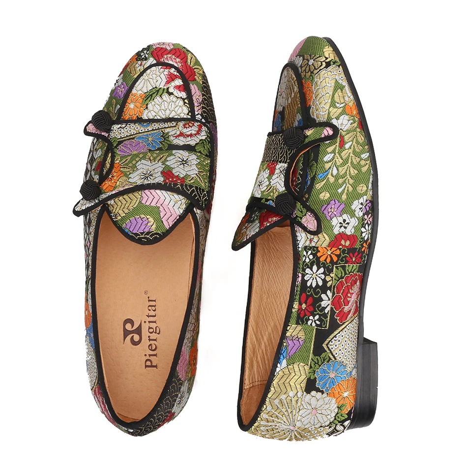 Piergitar multi color jacquard silk double-monk BELGIAN LOAFERS with black buttons handcrafted men smoking slippers plus size