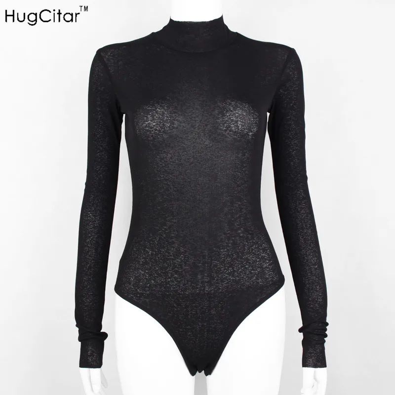 Hugcitar black solid see through mesh body suit 2019 Women Sexy Mock Neck Long Sleeve skinny Bodysuit female slim fit clothes