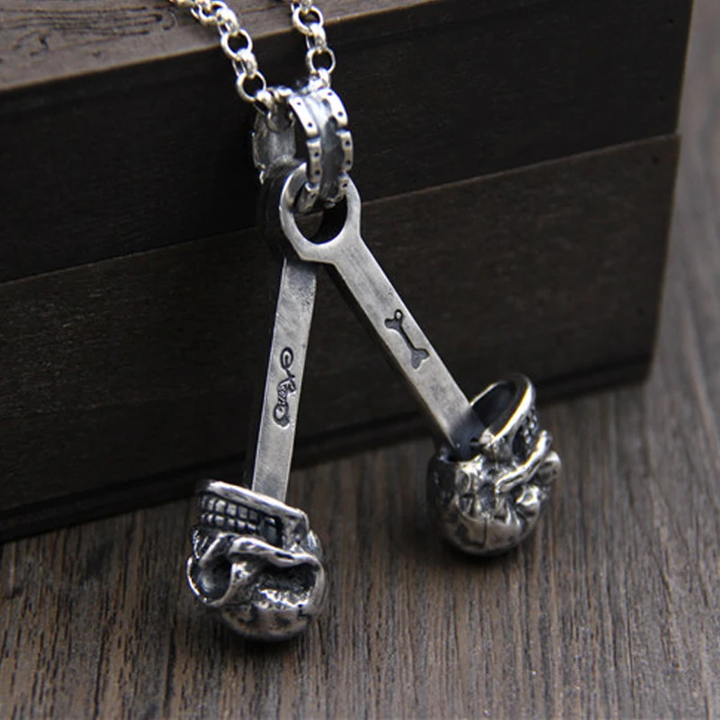 

Punk Style S925 Sterling Silver Double Skeleton Skull Charms Necklaces Pendant For Men Cool Jewelry 49*50MM 40G PBG097