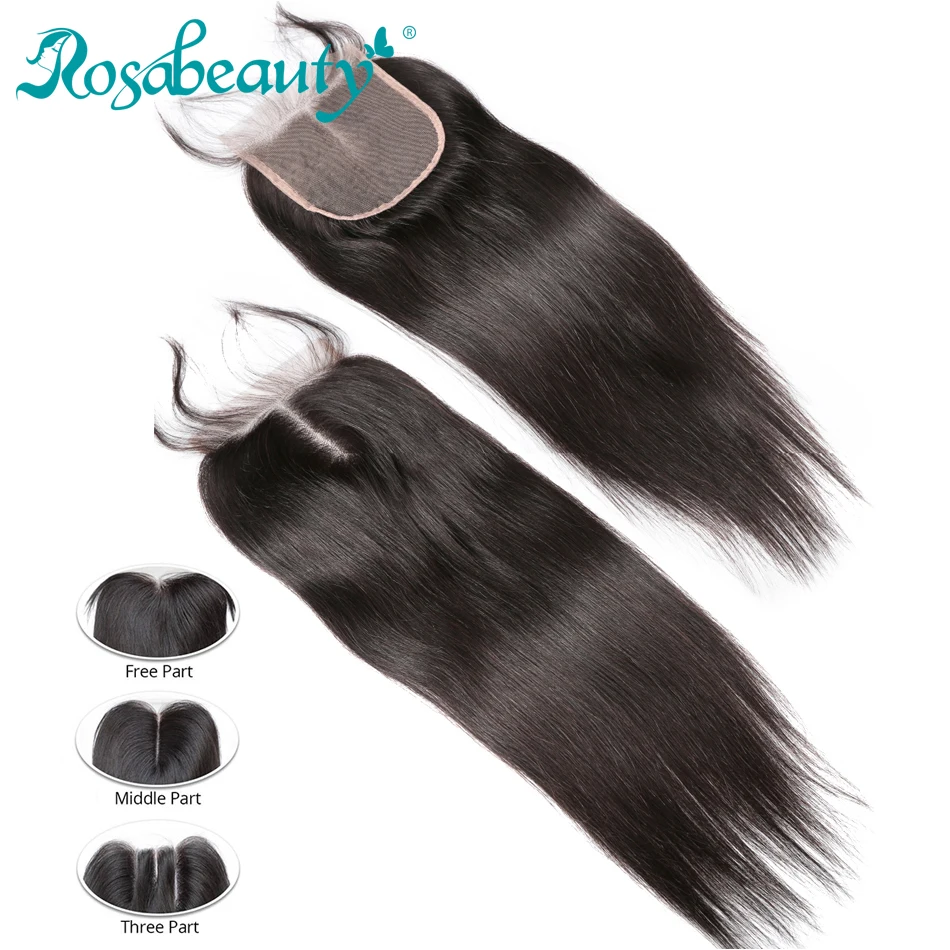  Rosabeauty Straight Hair Lace Closure 4x4 Human Virgin Hair Closure with baby hair Middle/Free/3 Pa