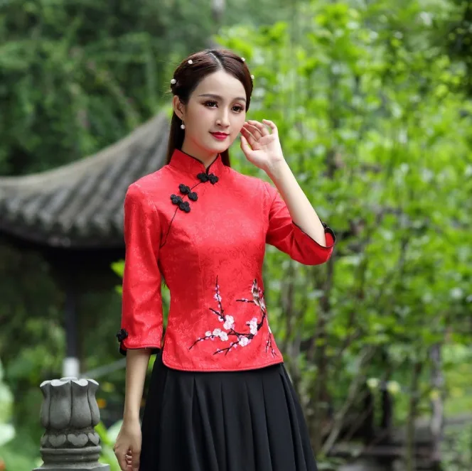 Women Chinese Shirt HanFu Wu Tang White Cotton Printing Plue Size Top Half sleeve