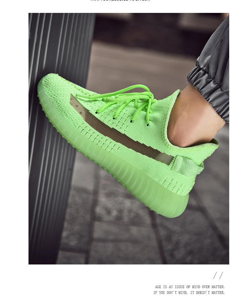 Мужская повседневная обувь, флуоресцентные зеленые кроссовки, дышащие, Flyknit Uppers, уличные, для прогулок, спортивные кроссовки, размер 39-44