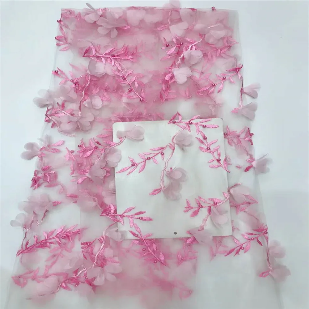 

New Arrival Plain Pink 3d Applique Dress Tulle Lace Nigerian Beaded Lace Fabric For African Party X648-4