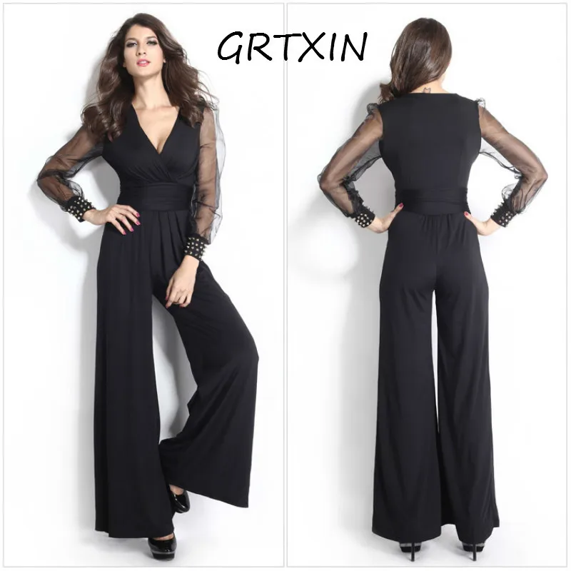 

2019 Womens Rompers Elegant Autumn Party Black V-neck Embellished Cuffs Long Mesh Sleeves Loose Jumpsuits Long