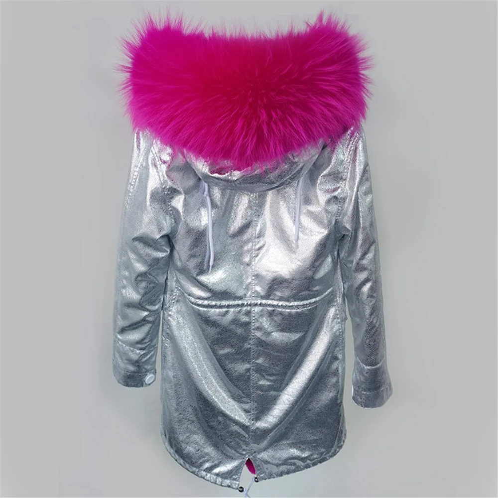 Новая модная куртка Серебряное женское пальто Парка с воротником из натурального меха енота Превосходное качество Горячая