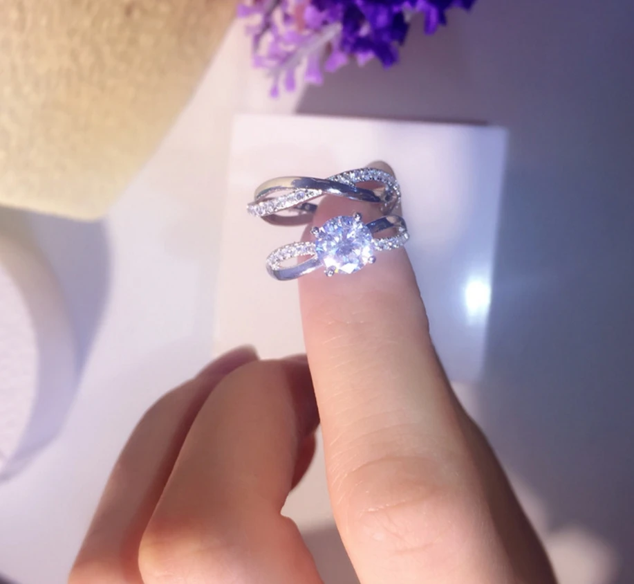 Горячие S925 стерлингового серебра полые узор 2 кольца элегантный инкрустированные роскошные классические свадебные Обручение кольцо для