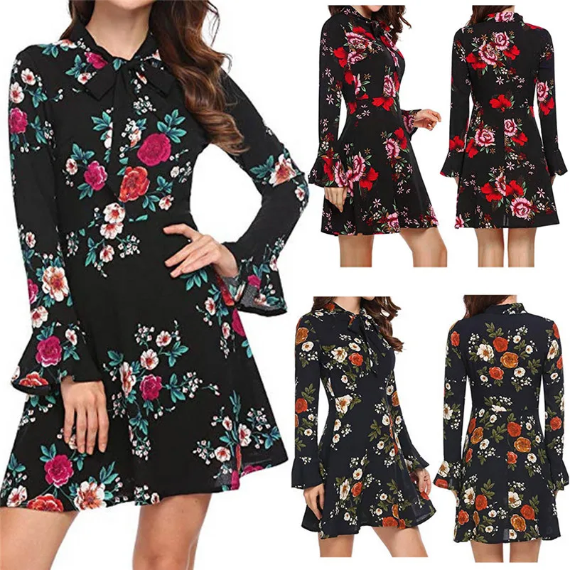 Fashion Autumn summer dress 2018 casual Flare elegant dress Long Sleeve O-Neck Floral Printed Mini party Dress vestido A27#N (12)