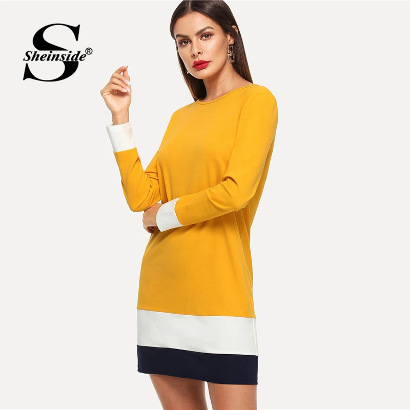 Sheinside Ginger Color Block Tunic Dress Women Autumn Clothes Long Sleeve Shift Dresses 2018 Ladies Workwear Casual Mini Dress