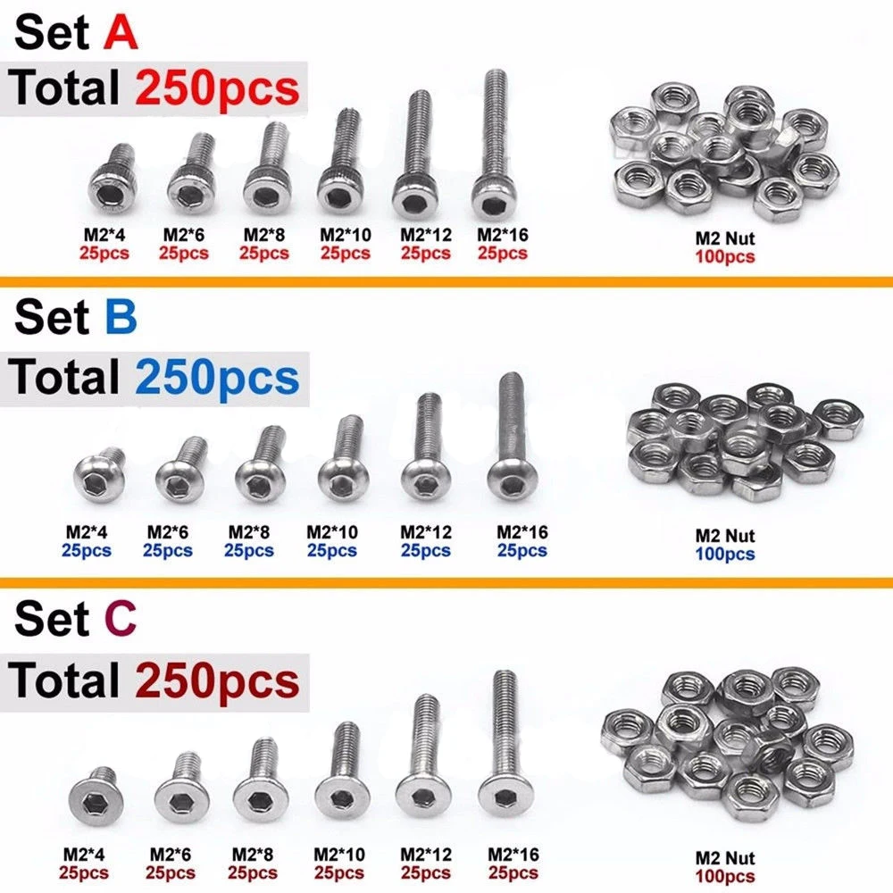 250 шт M2(2 мм) A2 SS шестигранные болты с шестигранными гайками набор