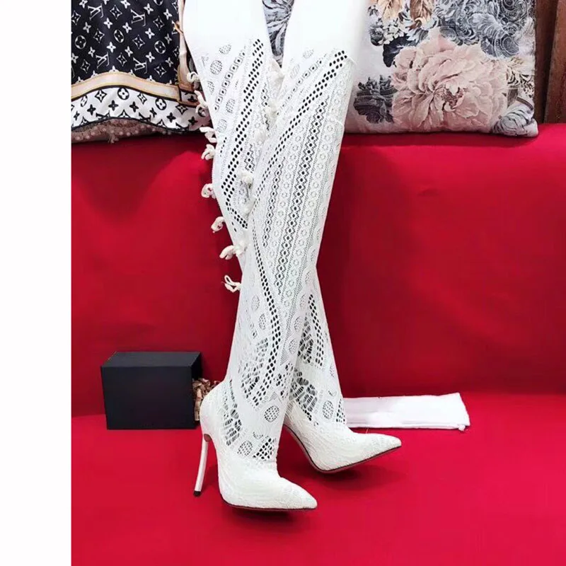 yellow red Del Altas De Sexy Cordón Partido Blanco Verano Toe Recortes Alto Negro Tacón Encaje rose Señora Zapatos Nueva Red Botas Mujeres Black Punta white Cut zwHS11q7