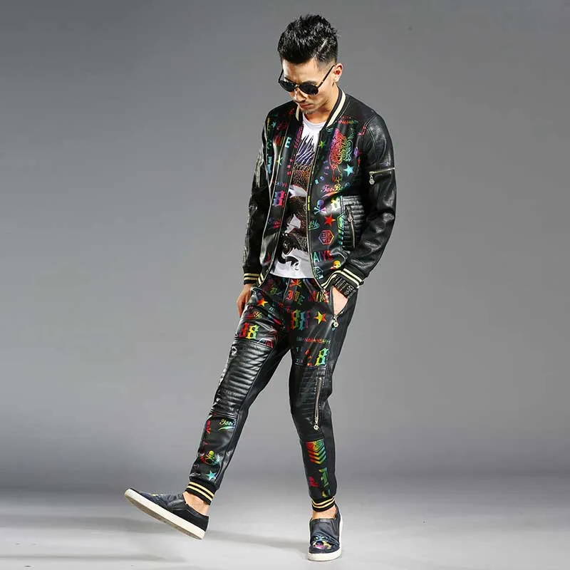 New Fashion 2 Piece Set Hip Hop Tracksuit Mens Casual Baseball Jacket with Joggers Pants Bomber Jacket Coat PU Leather Trousers New Fashion 2 Piece Set Hip Hop Tracksuit Mens Casual Baseball Jacket with Joggers Pants Bomber Jacket Coat PU Leather Trousers
