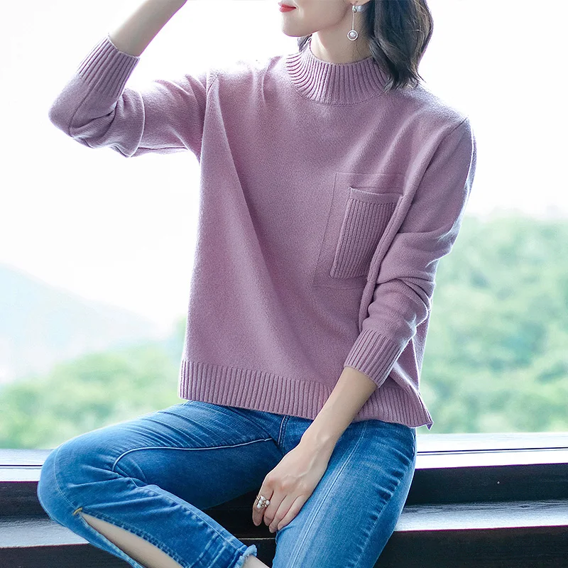 ^Cheap 100%Wool XL Brand Women's Short Knit Sweater 2019 Autumn Winter New Turtleneck Sweater Casual Wild Irregular Pullovers Female