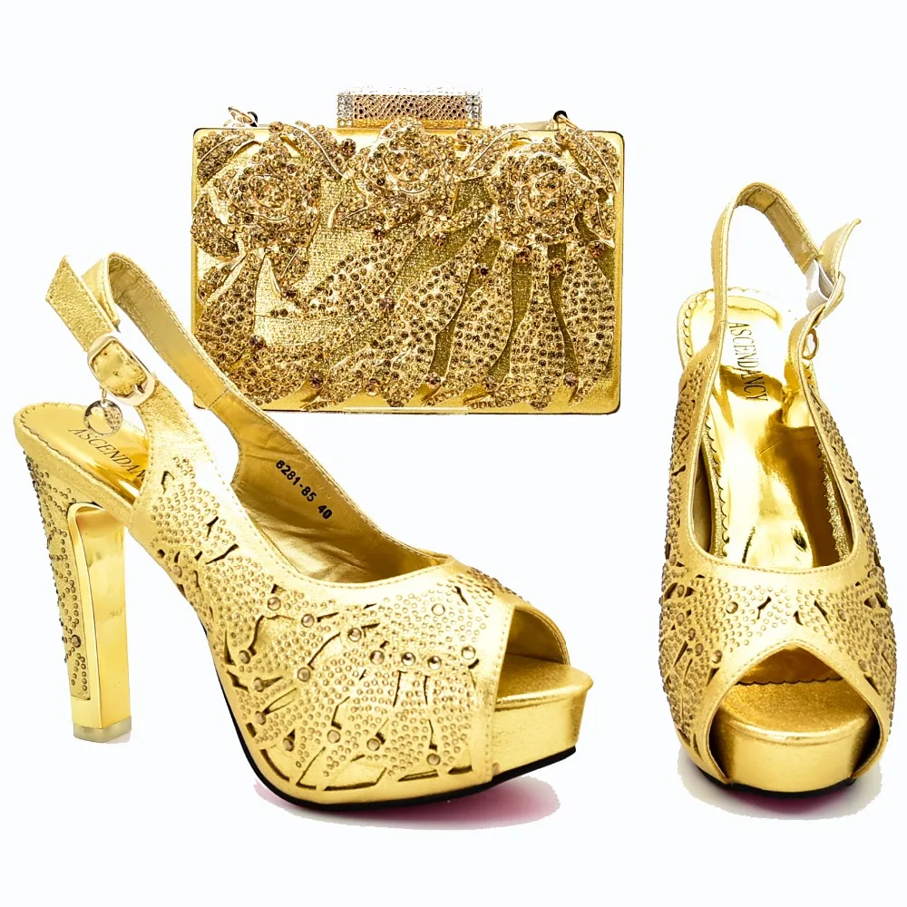 

Size 37 to 42 wedding party gold shoes and bag match women party african aso ebi shoes and bag matching set free ship SB8268-3