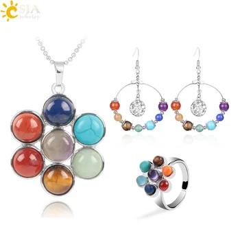 

CSJA 7 Chakras Jewelry Set for Women Yoga Reiki Chakra Gems Stone Beads Earring Finger Ring Necklace Sets Standard Shipping F636