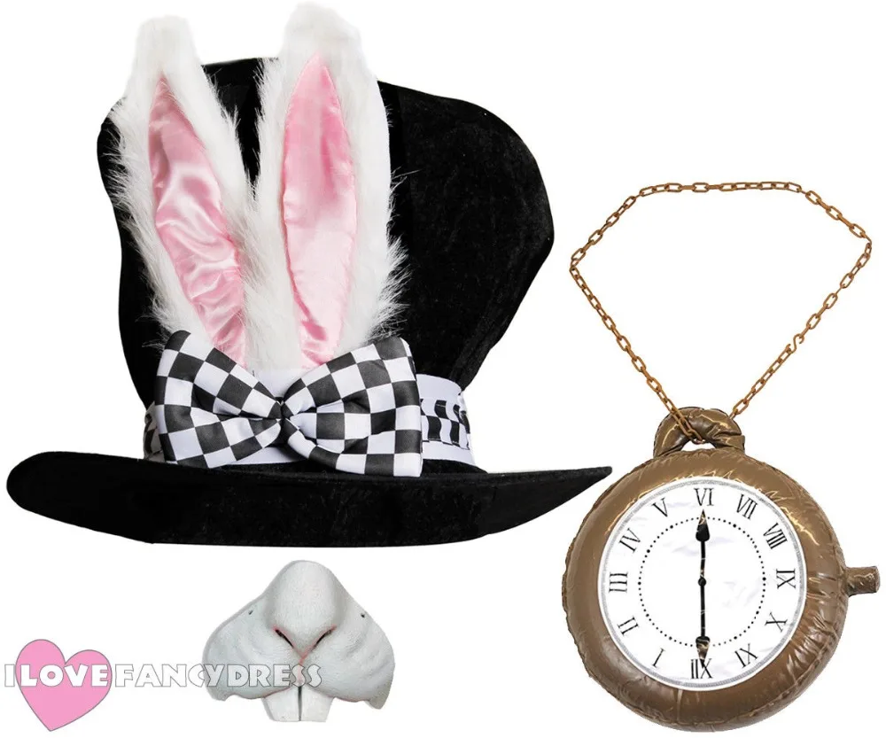 WHITE RABBIT COSTUME SET BLACK PINK EARS CLOCK WONDERLAND BOOK DAY FANCY DRESS