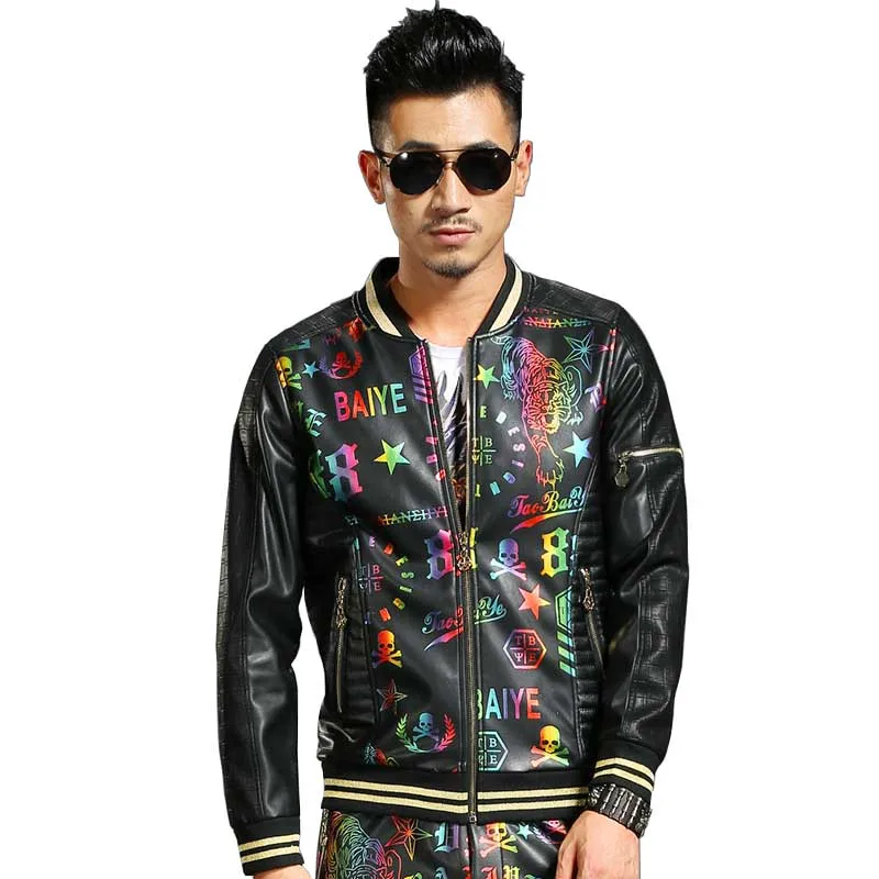 New Fashion PU Leather Colorful Printed Baseball Jacket Men Casual Bomber Jacket Coat Spring Autumn OUTWEAR Zipper Cardigan New Fashion PU Leather Colorful Printed Baseball Jacket Men Casual Bomber Jacket Coat Spring Autumn OUTWEAR Zipper Cardigan