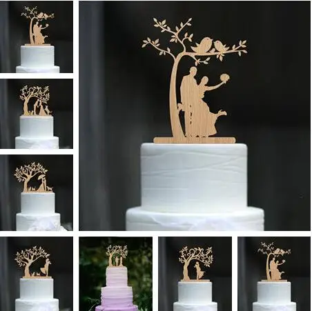 Mixed Style Bride and Groom with Dog and Cat Silhouette Tree Wedding Engagement Cake Topper Rustic Wood free shipping