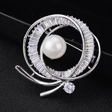 New Silver Color Zircon Crystal Luxury Imitation Pearl Brooches Fashion Jewelry For Women