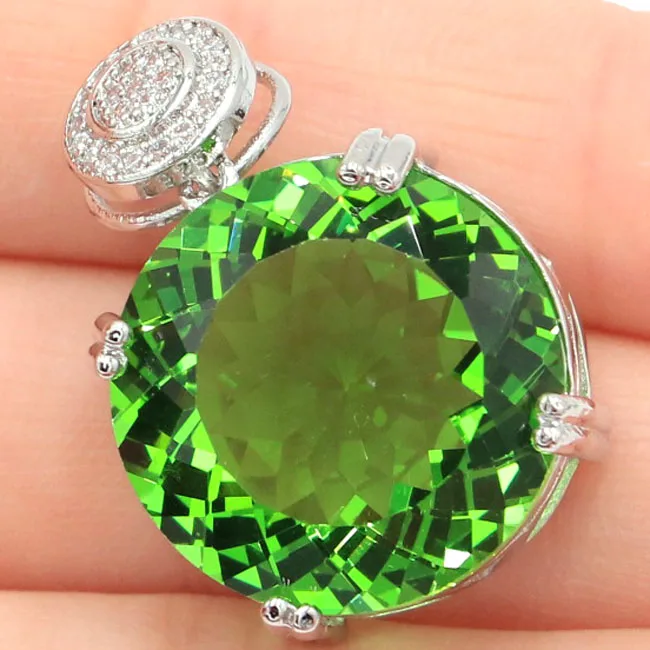 

SheCrown Big Round Gemstone 20x20mm Green Tsavorite Garnet White CZ Silver Pendant 30x20mm
