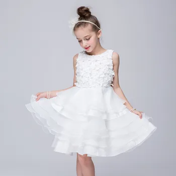 

New 2017 girls formal wedding banquet ceremony Stereo flowers white princess dress Baby girl's clothes 3 4 5 6 7 8 years