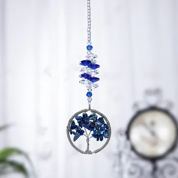 

H&D Blue Crystal Sun Catcher Tree of Life Window Ornament Feng Shui Healing Crystal Gemstone Wire Tree Suncatcher For Home Decor