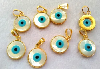

6pcs Round blue white mother of pearl shell Jewelry with Gold Wrapped Pendat Turkish evil eye beads DIY findings supplies 16m