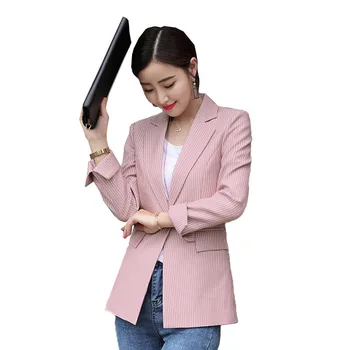 

Lenshin Soft and Comfortable High-quality Strip Jacket with Pocket Office Lady Casual Style Blazer Women Wear Single Button Coat