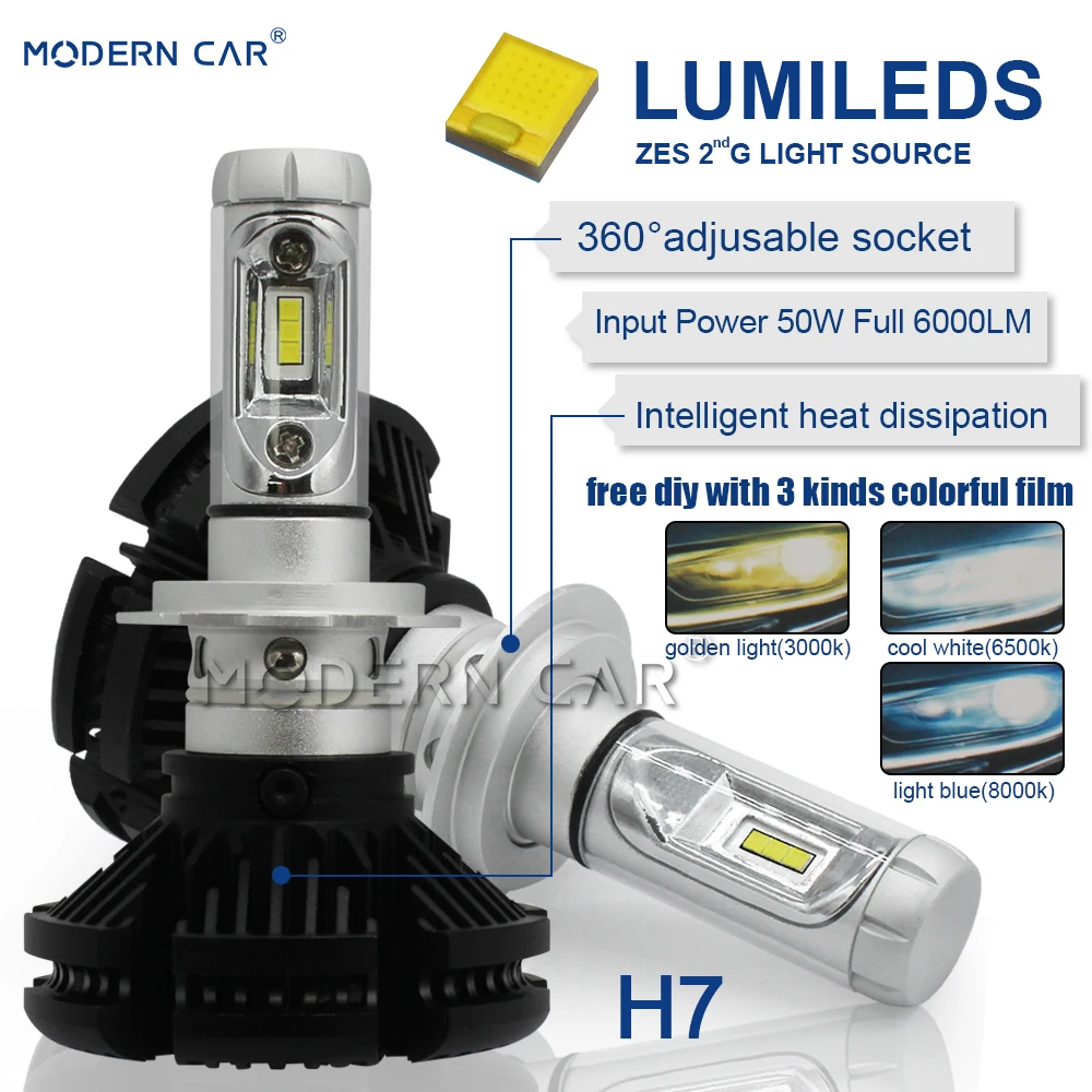 

Modern Car H7 Led Auto Car Bulb Lights 3000K/6500K/8000K Amber White Lumileds ZES LED Light 12V 24V Headlight All In One Design