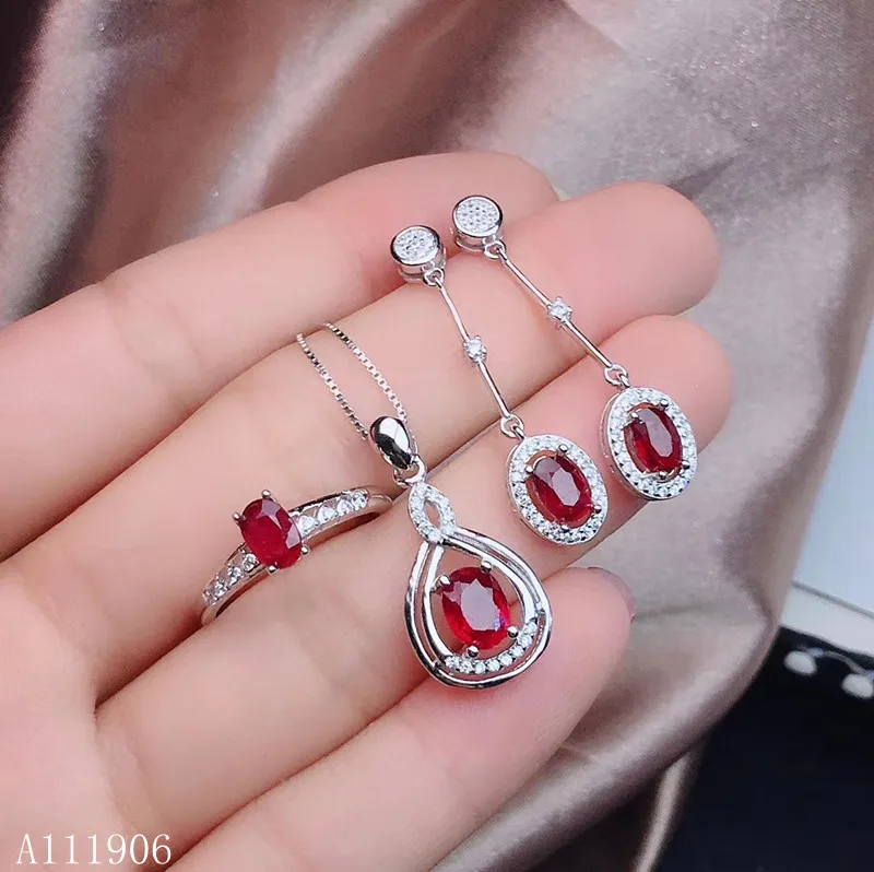 KJJEAXCMY boutique jewelry 925 sterling silver inlaid natural ruby female ring pendant necklace earrings set support review new