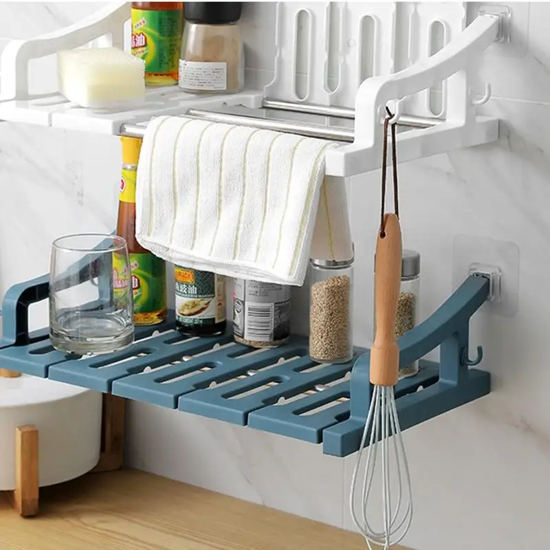 

New Multi-function Wall Mounted Storage Racks Kitchen Bathroom No Punching Stable Adhesive Storage Shelves Holders With Hooks