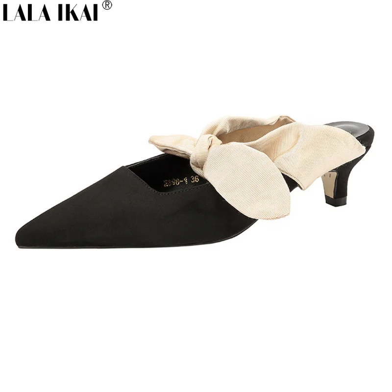 

LALA IKAI Women Sandals Patchwork Bowtie Kitten Heel Mules Lace-Up High Heel Pointed Toe Sandale Femme Shoes XWC2304-45