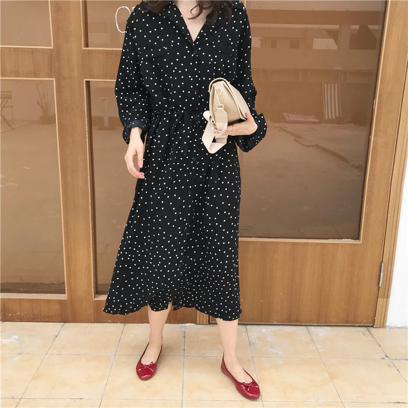 

autumn Dress 2018 Women polka dot chiffon long dress Casual notched collar lace up long sleeve dress womens (k676)