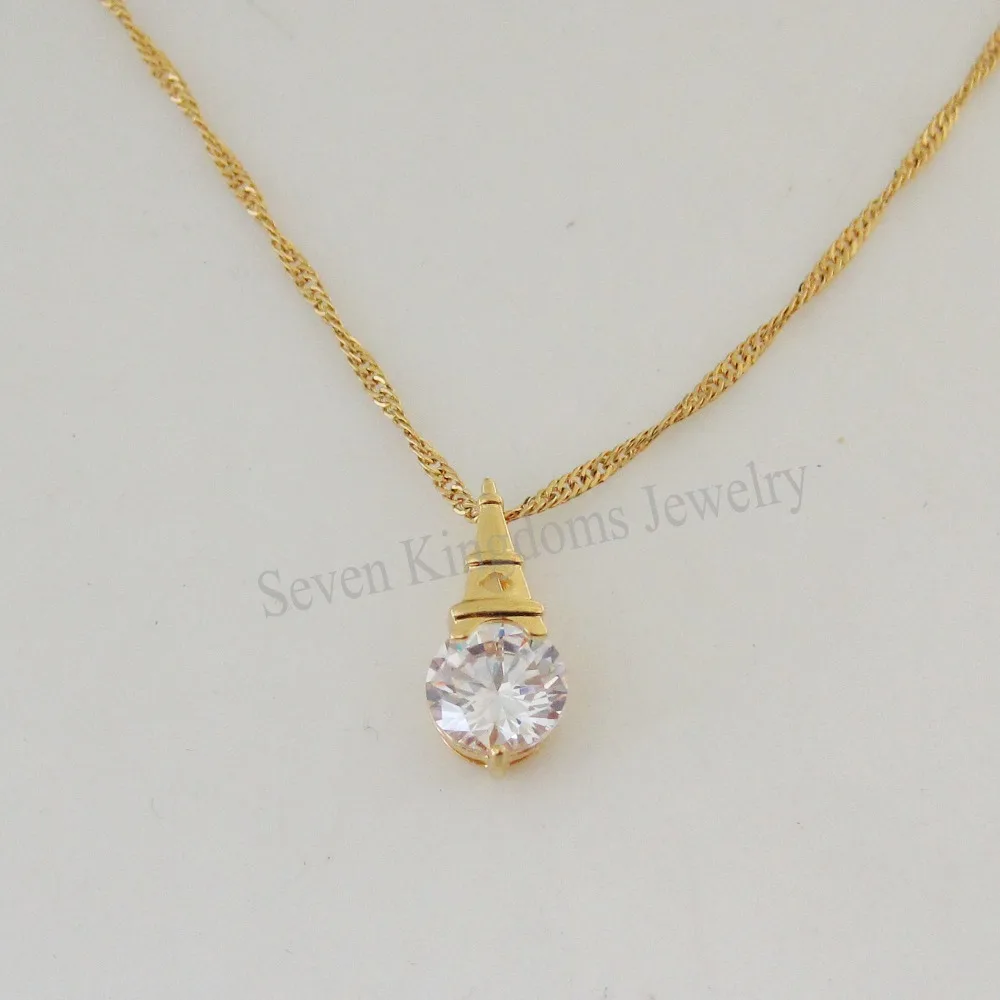 

Min order 10$ CAN MIX DESIGN/ SMALL Eiffel Tower SHAPE CLEAR CZ STONE PENDANT AND YELLOW GOLD REAL PLATED 18" NECKLACE/
