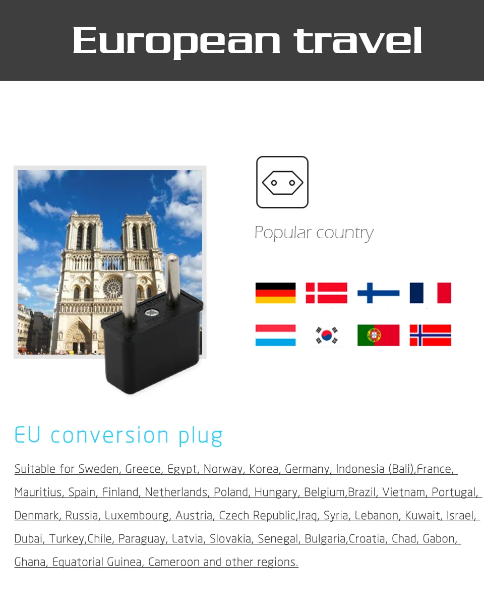 US To EU Plug USA To Euro Europe Travel Wall AC Power Mini Plug wall Charger Outlet Adapter Converter 2 Round Pin Socket Black (4)