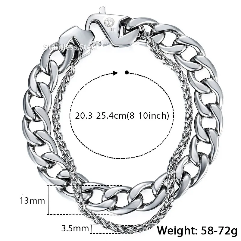 Trendsmax, полированный мужской браслет, Двойная Цепочка, пшеница, Снаряженная, кубинское звено, браслет из нержавеющей стали, серебряный, золотой цвет, 20 см, KDBM01 - Окраска металла: 13mm Silver DB01