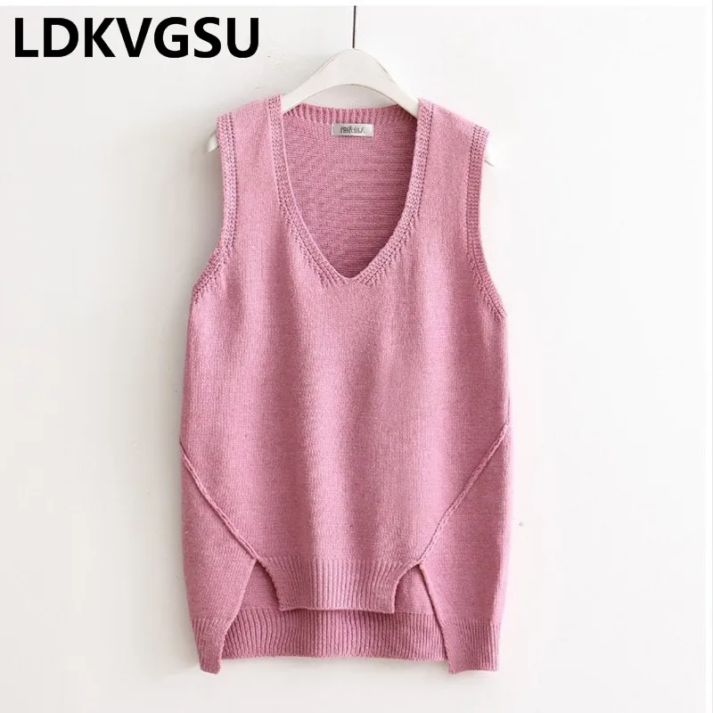 

2018 Spring Autumn New Women Knit Vest Loose Large Size V-neck Sleeveless Irregular Hem Sweater Female Vest 7Colors Is465