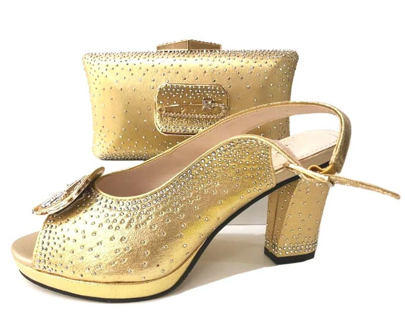 

Gold african shoes and bag matching set with middle heel 3.5 inches size 37 to 43 handmade shoes and bag dance shoes SB8249-4