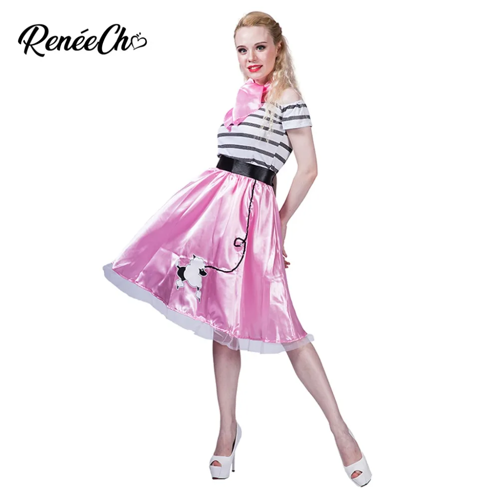 

Reneecho Halloween Costume For Women 50`s Poodle Costume Cute Dog Print Off The Shoulder Pink Dress And Scarf Set