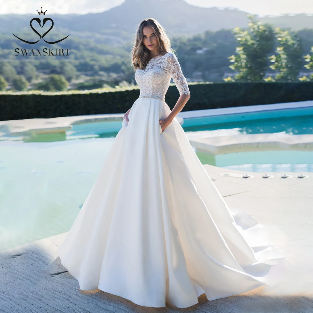Swanskirt модное атласное свадебное платье 2020 Роскошные хрустальные пояса корт поезд