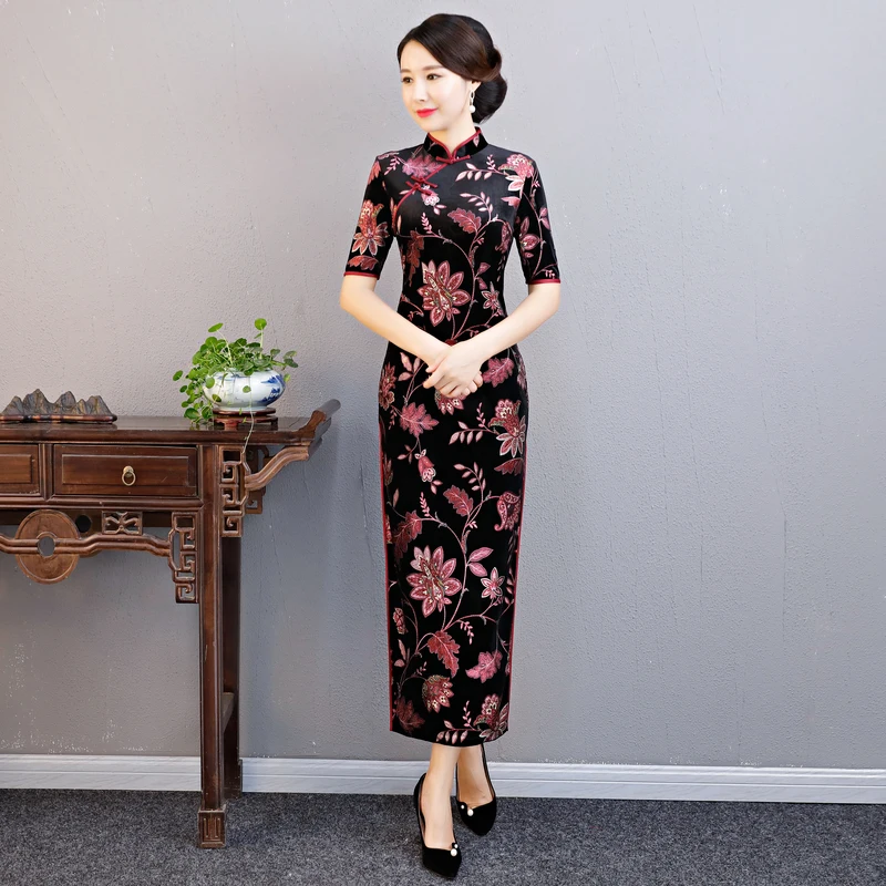 Шанхай история новая распродажа платье Чонсам бархатный с короткими рукавами Qipao длинные восточные платья для женщин