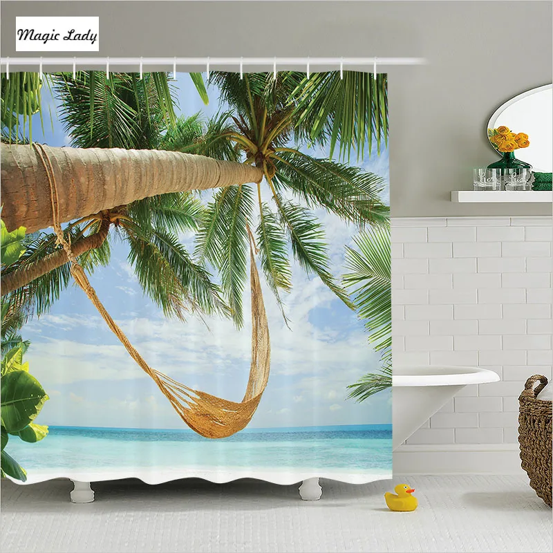 Shower Curtain Tropical Bathroom Accessories Hammock Palms Ocean Sandy